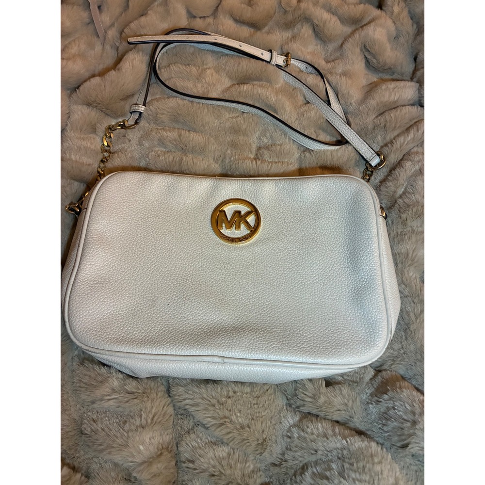 Michael Kors Fulton White Pebbled‎ Leather Crossbody Bag Gold MK Logo Medallion